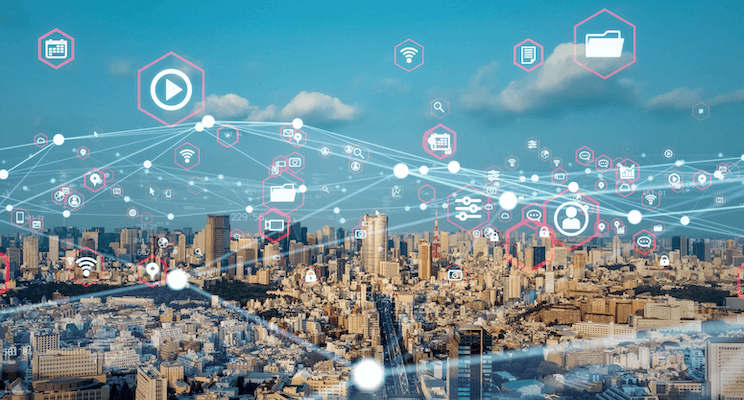 Graphical representation of data web over a cityscape