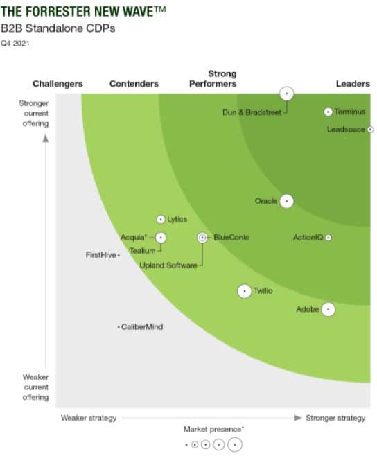 A Forrester orbit graph displaying leaders in the B2B standalone CDP space